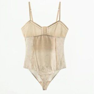 NWOT ZARA Satin Floral Cream BodySuit Snap-Front, Spaghetti Strap, XS